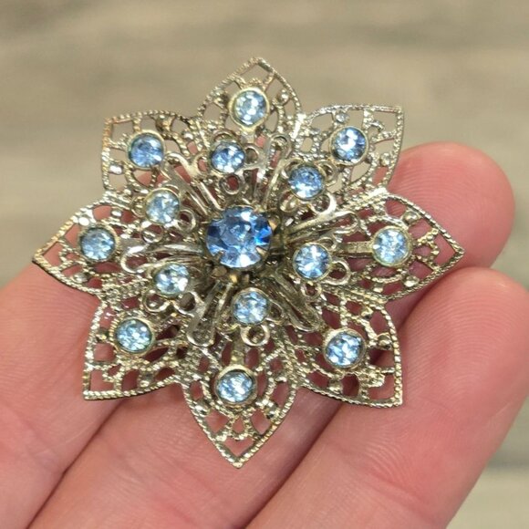 Jewelry - Vintage Blue Rhinestone Flower Brooch Silver Tone Filigree Mid Century